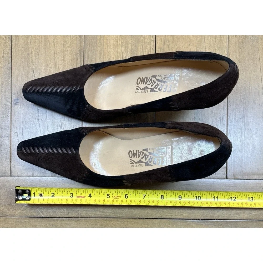Salvatore Ferragamo Vtg Suede Whipstitch Heels Italy‎ 9.5 Black Brown Patchwork
